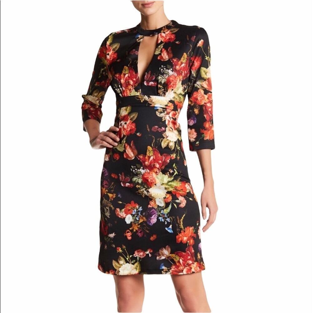 Alexia Admor Black Floral Plunge Choker Dress LBD v6x